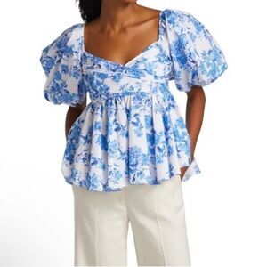 Caroline Constas Blue & White Floral Brie Puff-Sleeve Babydoll Top Sz M